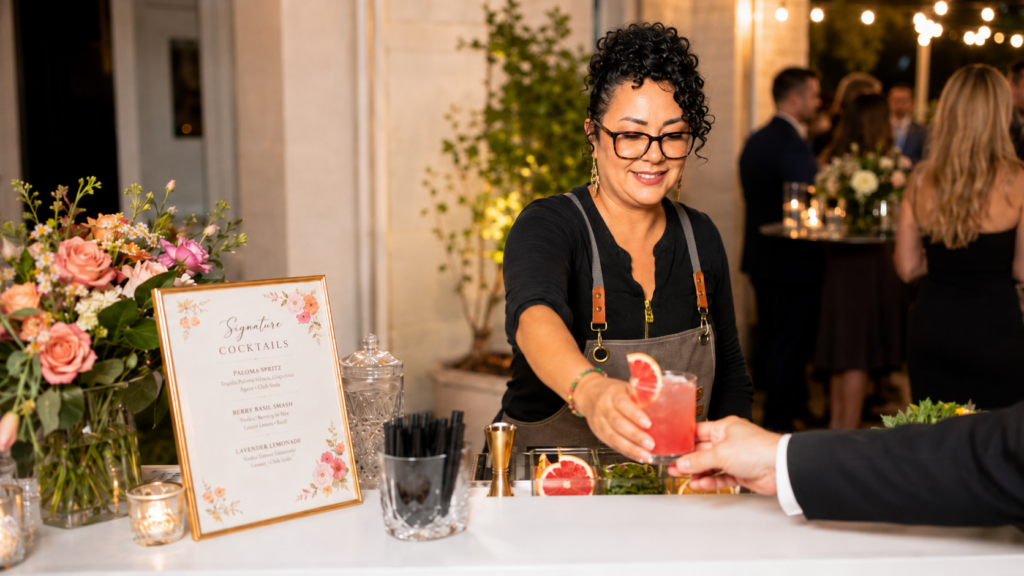 Mobile bar options in Houston with custom cocktails, fresh garnishes, and elegant event styling