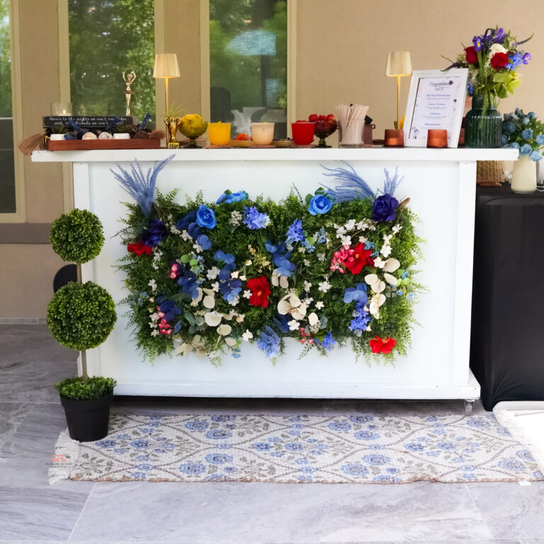 High school graduation mocktail bar setup with three alcohol-free drinks and custom decor add-on by I’ll Drink To That in Houston