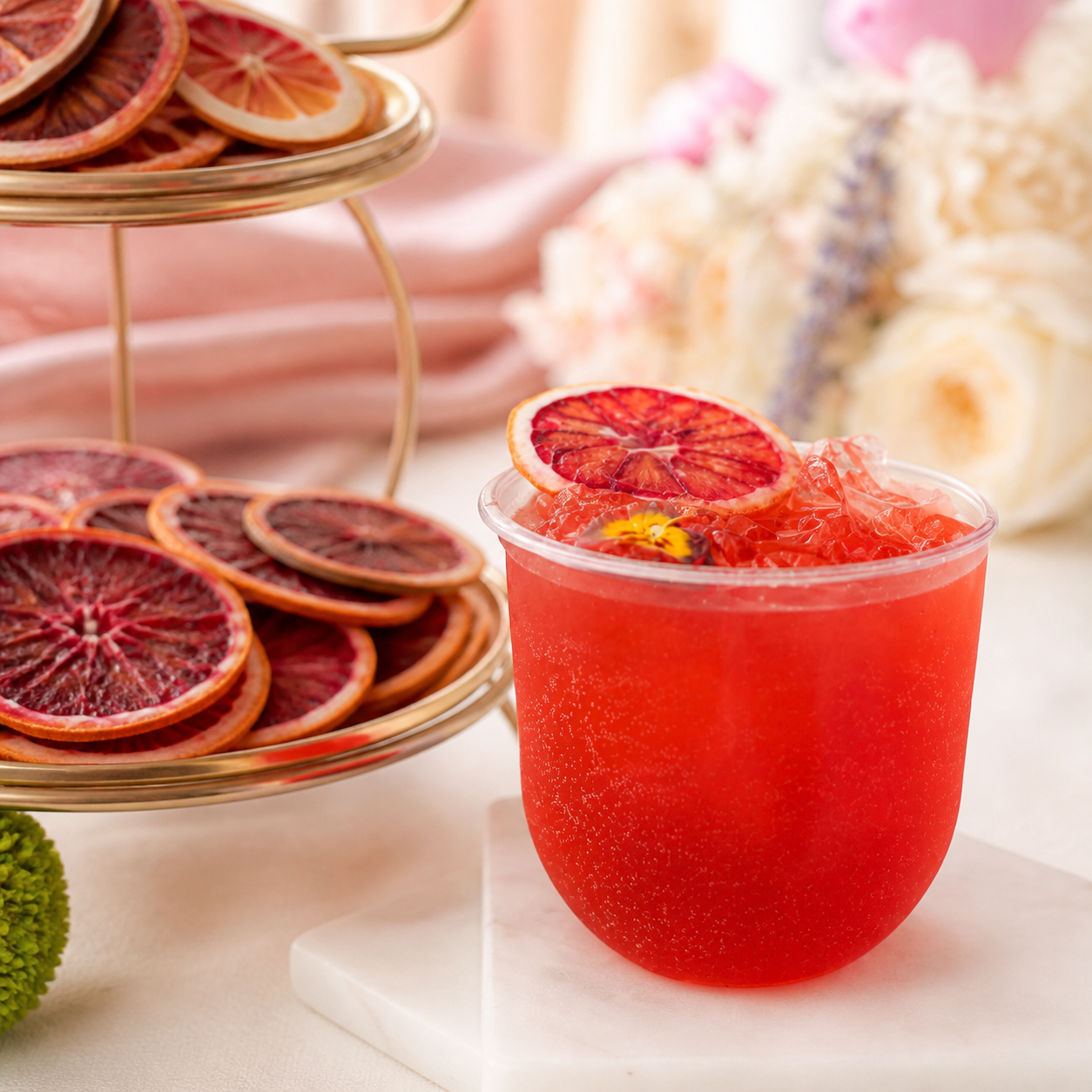 Blood orange mocktail with dried citrus and an edible flower