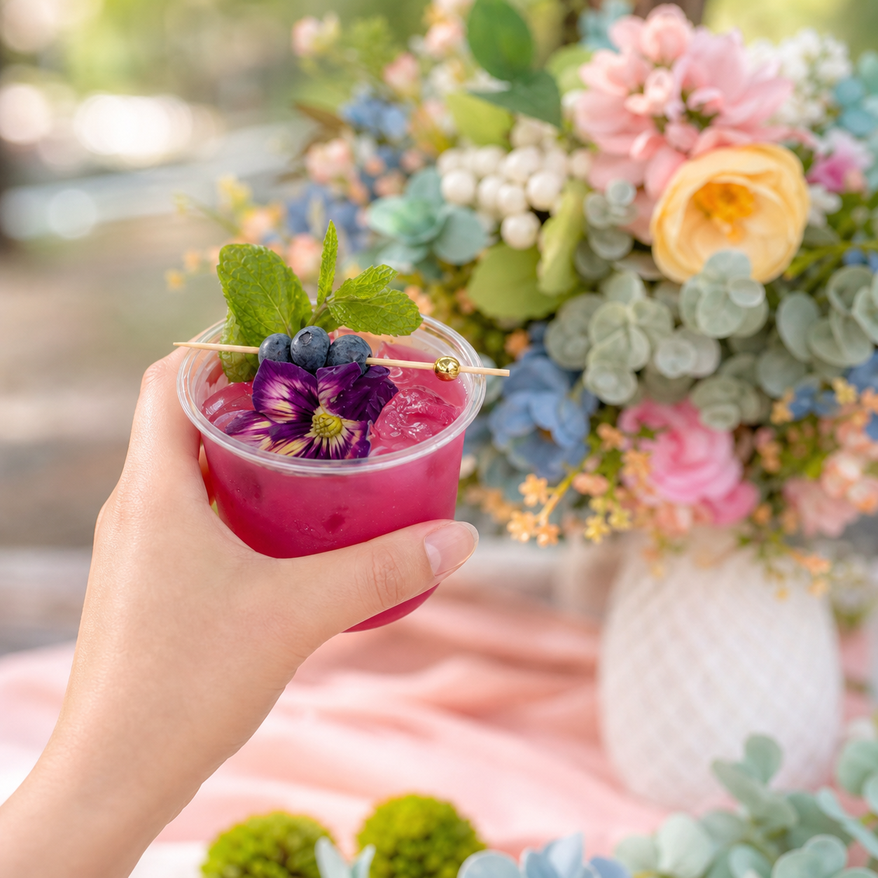Blueberry mocktail with mint and an edible flower at a Houston catered event