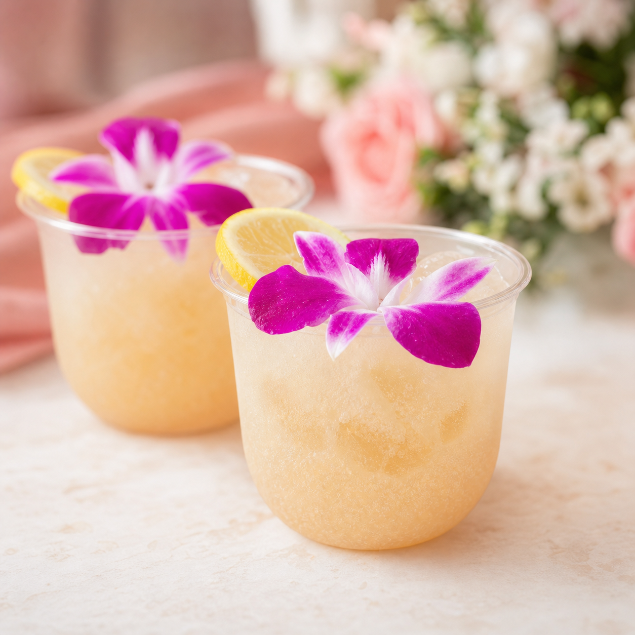 Guava mocktails with orchid garnishes for a Houston event