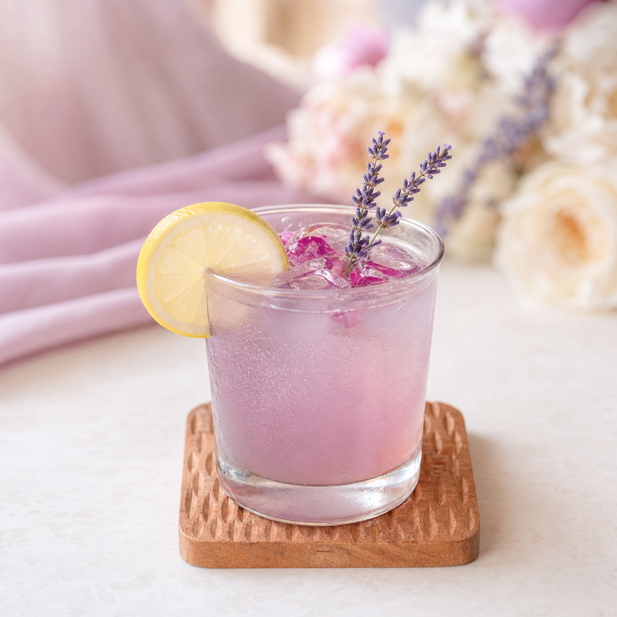 Lavender lemonade mocktail with lemon and fresh lavender