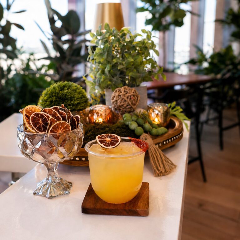 Signature cocktail displayed with elegant bar décor at a corporate event in Houston
