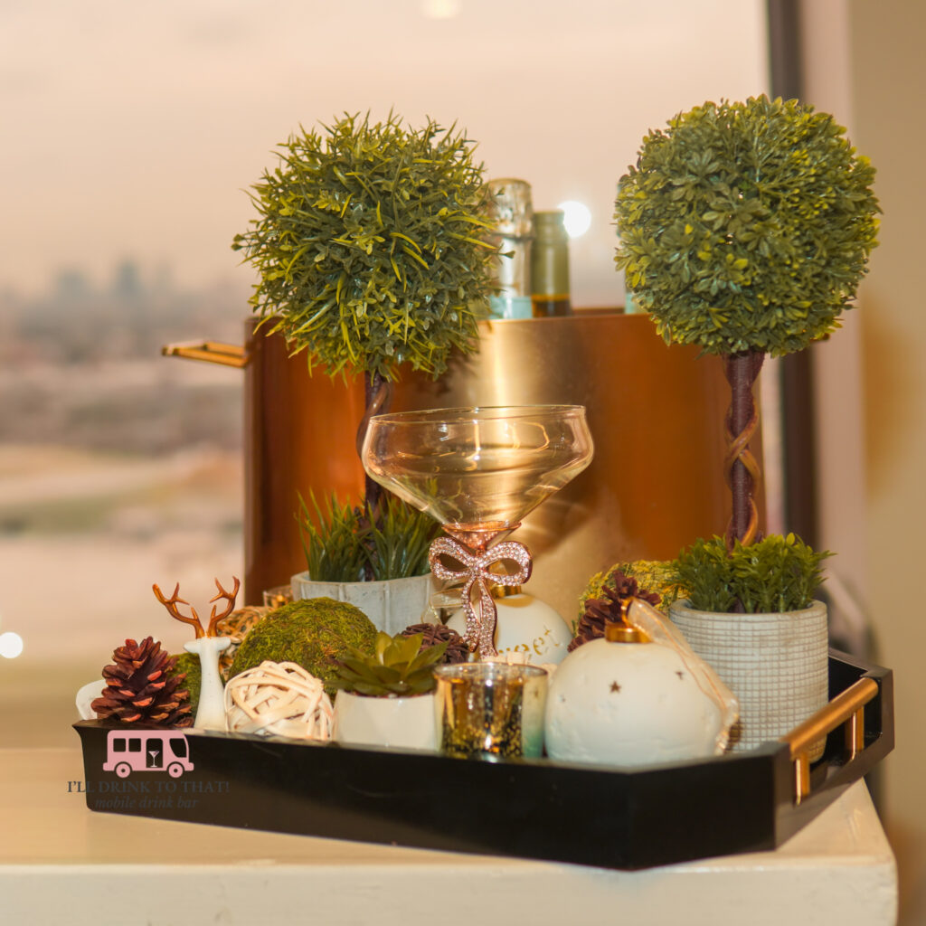 Elegant seasonal decor arranged on a Houston mobile bar