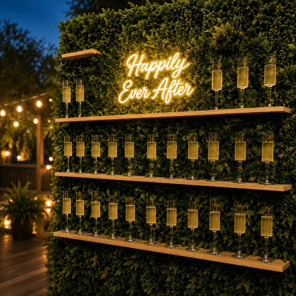 Champagne wall with up to 100 glasses for a wedding reception in Houston
