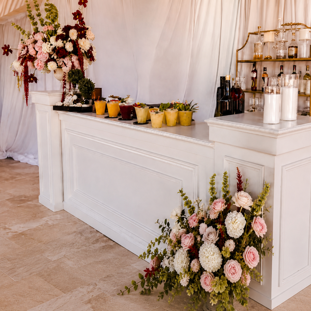 Elegant white mobile bar styled with flowers and colorful drinks for an engagement party