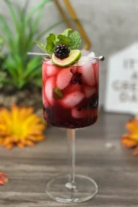 A refreshing blackberry mojito garnished with mint leaves and lime wedges, served over ice by I’ll Drink To That! mobile bartending service.