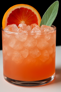 Red Bourbon Christmas cocktail made with blood orange, bourbon, lemon juice, maple syrup, and club soda, served over ice and garnished with a blood orange slice from I’ll Drink To That! mobile bar.