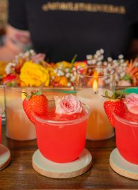 Fresa Darling mocktail served over ice with fresh strawberry purée, and lime juice, created by a mobile bar service for non-alcoholic cocktail lovers.