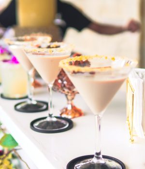 Festive Gingerbread Martini made with vodka, gingerbread syrup, Irish cream, and coffee liqueur, garnished with a white chocolate rim covered in gingerbread crumbs, a gingerbread cookie, and a sprinkle of cinnamon — served by I’ll Drink To That! Mobile Bar in Houston.