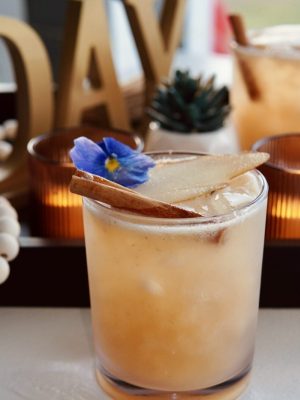 Velvet Harvest pear vodka cocktail with cinnamon, lemon, rosemary syrup, and club soda served by I’ll Drink To That! Mobile Bar in Houston.