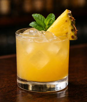 On the Bright Side | Pineapple Mint Vodka Cocktail Pineapple mint vodka cocktail served over ice in a rocks glass with fresh mint, pineapple garnish, and optional pineapple hard seltzer.