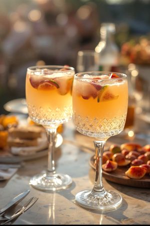 Golden Glow Sangria with crisp Prosecco citrus slices, and fresh fruit, signature cocktail by I’ll Drink To That! mobile bar in Houston.